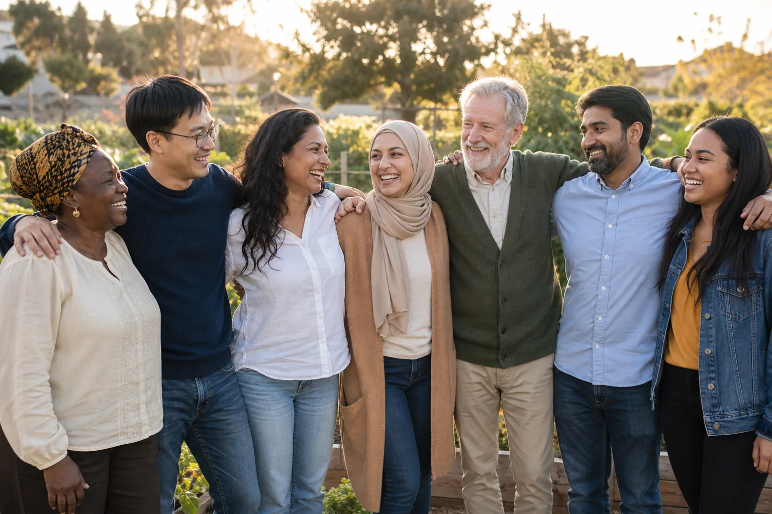 Seven people from different cultural backgrounds standing arm in arm and laughing together in a garden